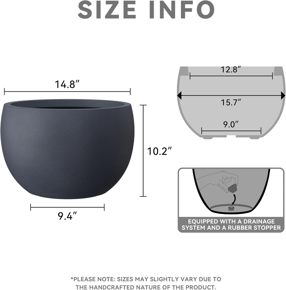 Kante 15.7" Dia Round Concrete Planter, Outdoor/Indoor Large Bowl Plant Pots with Drainage Hole and