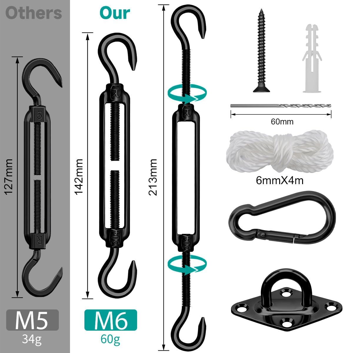 Sun Shade Sail Hardware Kit 6 Inch Heavy Duty 304 Stainless Set for Triangle Rectangle Sun Shade