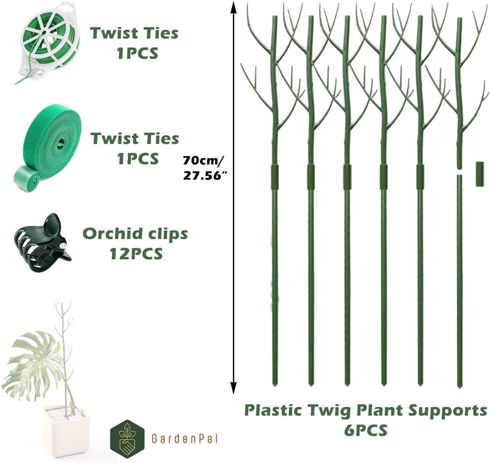 GardenPal 27.56" 6 Pack Detachable Twig Plant Support Stakes, Branch Sticks with Orchid Clips and