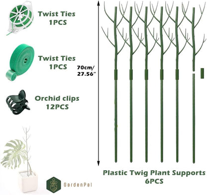GardenPal 27.56" 6 Pack Detachable Twig Plant Support Stakes, Branch Sticks with Orchid Clips and