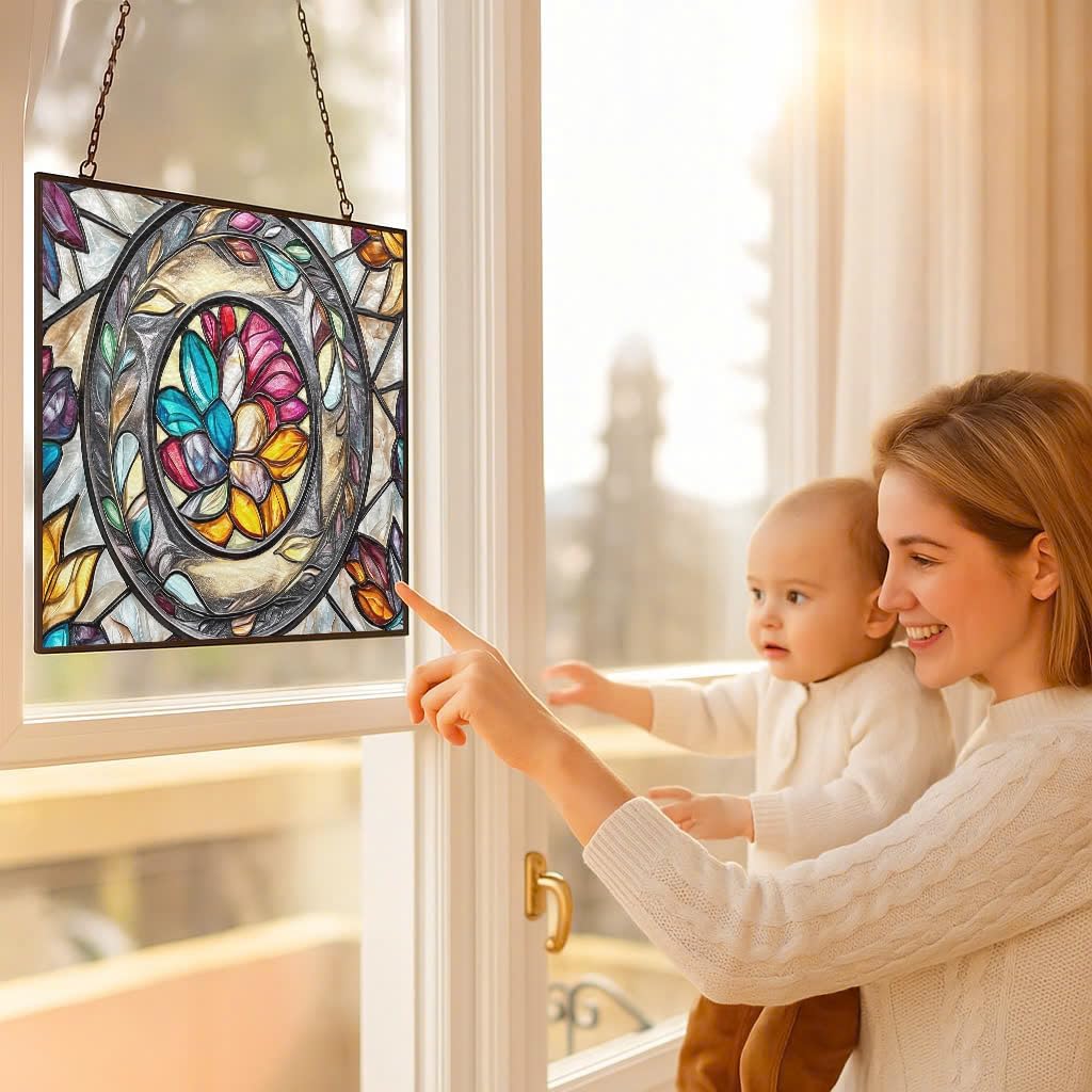 Customized Rectangle Floral Ring Suncatcher Stained Glass Window Hangings Sun Catchers Colorful