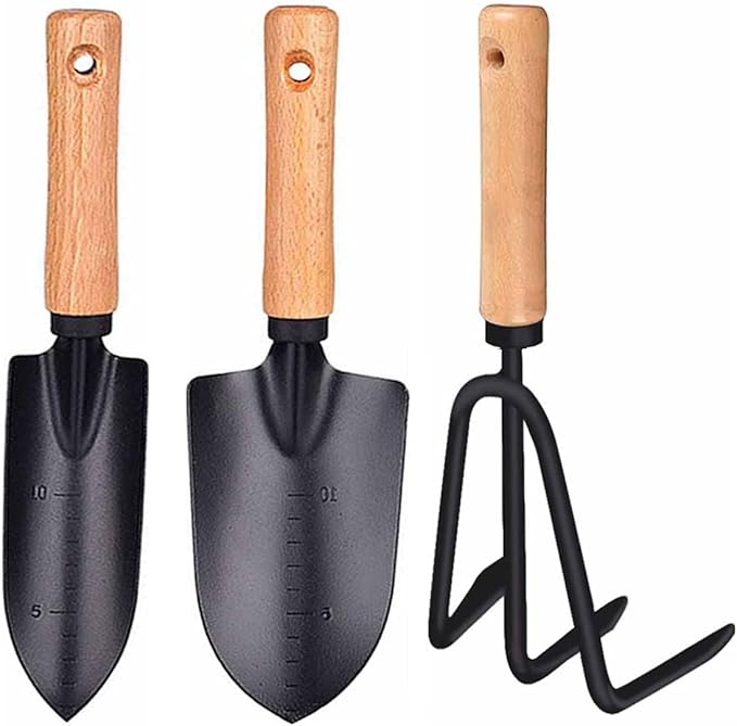 3 Pieces Garden Tools Set-Garden Rake Trowel, Gardening Tools with Wood Handle,Iron Crafts