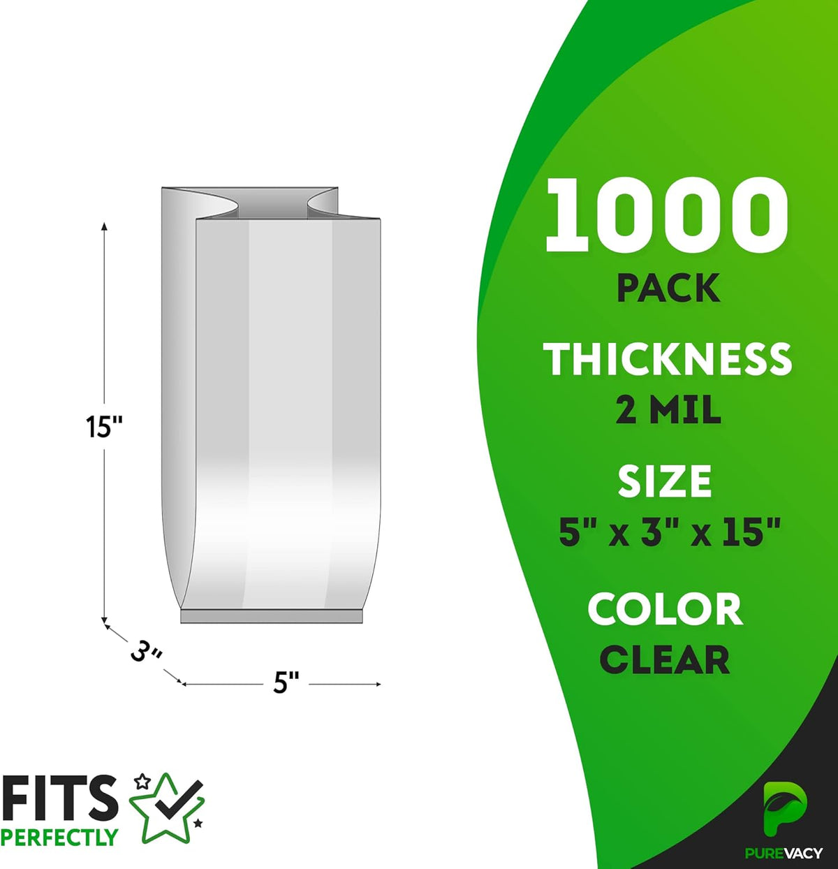 Gusseted Plastic Bags, 5 x 3 x 15 Inches. Pack of 1000 Clear Gusseted Poly Bags. 2 Mil Polyethylene
