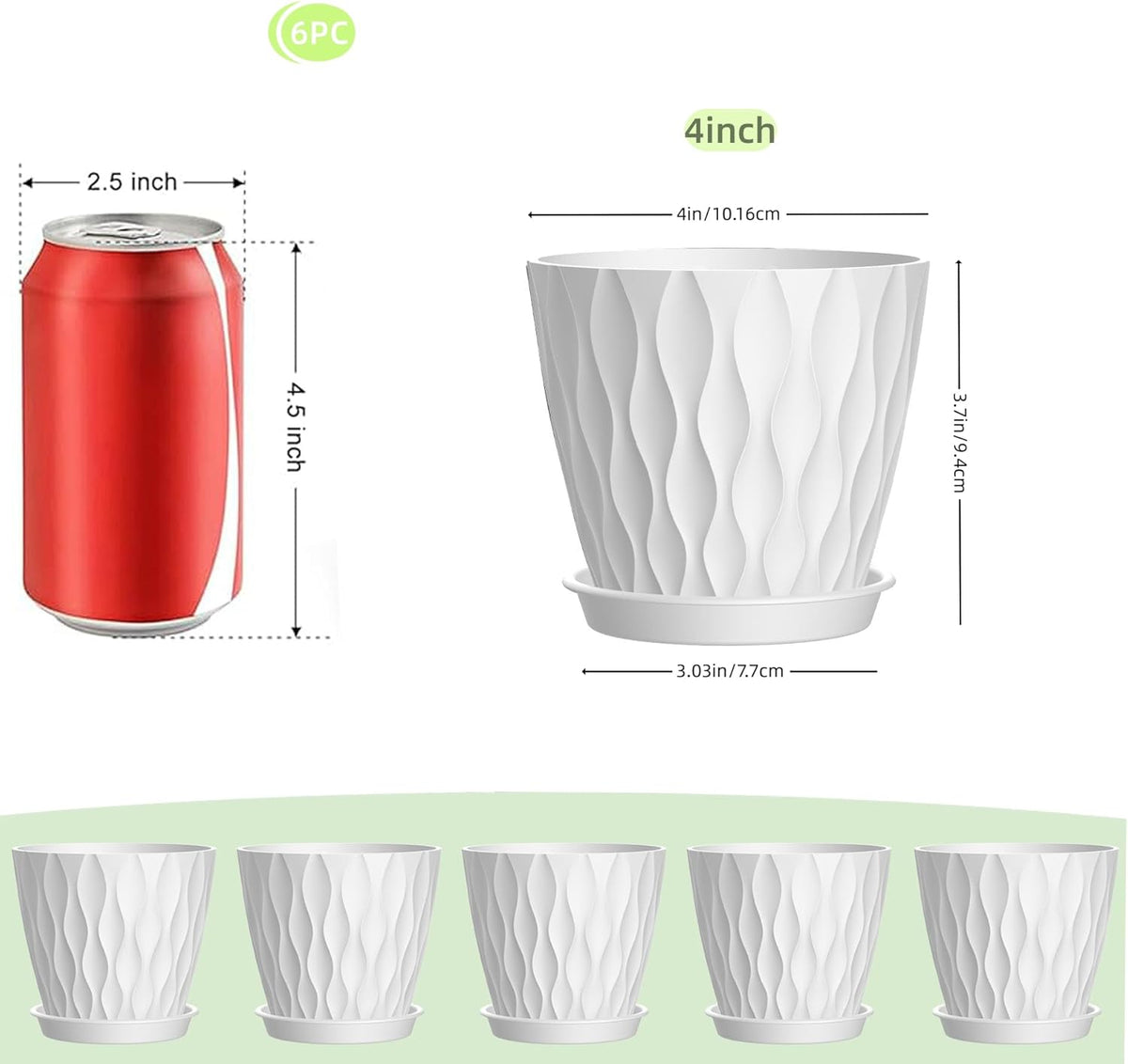 4 Inch Plant Pots, 6 Pack Indoor Flower Pots, Planters with Drainage Holes and Trays for Orchids