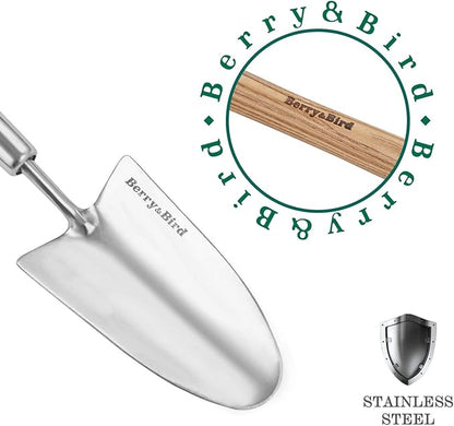 Berry&Bird Garden Trowel with Long Handle, 23.43in Stainless Steel Short Shovel with Wood Handled