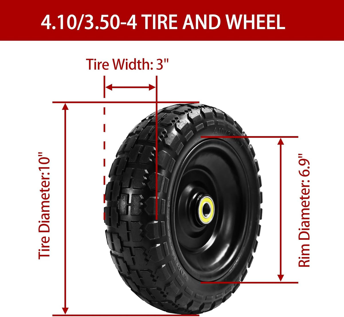 10" Solid Tires (4-Pack) - 4.10/3.50-4 Flat-Free Replacement Wheels for Gorilla Carts