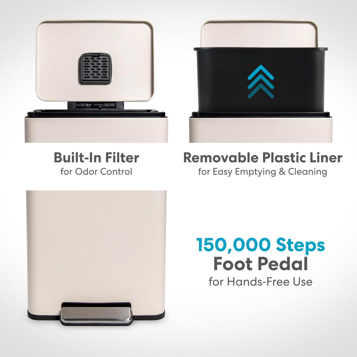 50 Liter / 13.2 Gallon Soft-Close, Smudge Resistant Trash Can with Foot Pedal and Built in Filter
