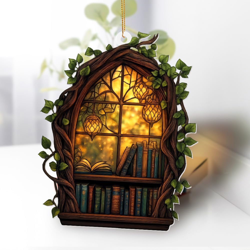 Gothic Window Book Ornament – Stained Glass Style Acrylic Christmas Ornament with Books & Ivy