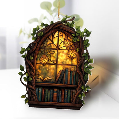 Gothic Window Book Ornament – Stained Glass Style Acrylic Christmas Ornament with Books & Ivy