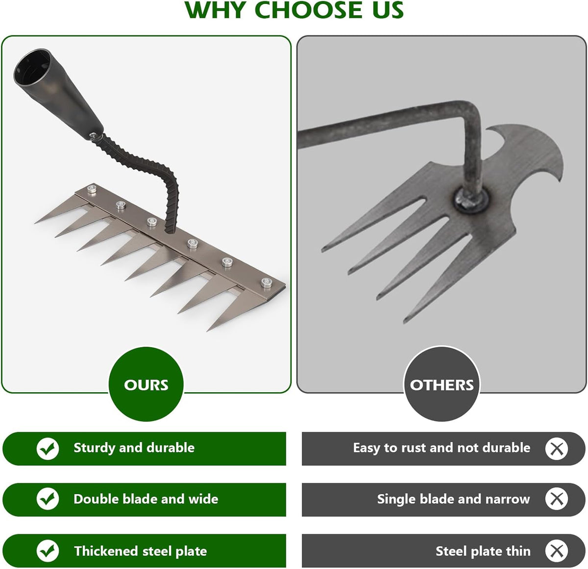 Iron Weeding Rake 2.0, New 5/6/7/8 Teeth Carbon Steel Garden Weeder Rakes, Weeder Puller Tool for