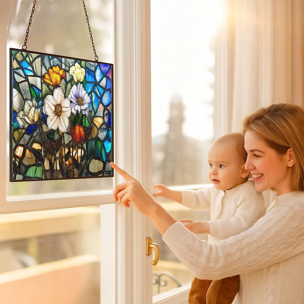 Customized Rectangle Lotus in The Lake Stained Glass Window Hanging, Stained Glass Suncatcher for