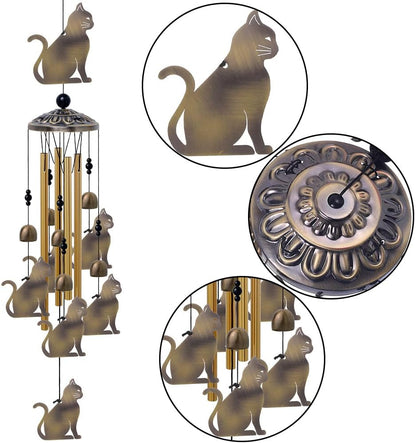Garden Cat Wind Chimes Outdoor Indoor Decor - with 4 Tubes 7 Cats Wind Chime, Mobile Romantic Cats