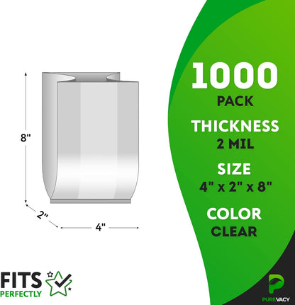 Gusseted Plastic Bags, 4 x 2 x 8 Inches. Pack of 1000 Clear Gusseted Poly Bags. 2 Mil Polyethylene