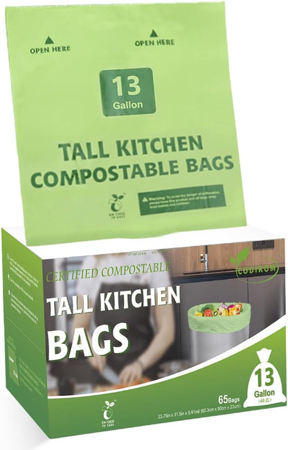 100% Compostable Trash Bags, 13 Gallon, 49.2 Liter, 0.91 Mils, 65 Count Kitchen Tall Food Scrap