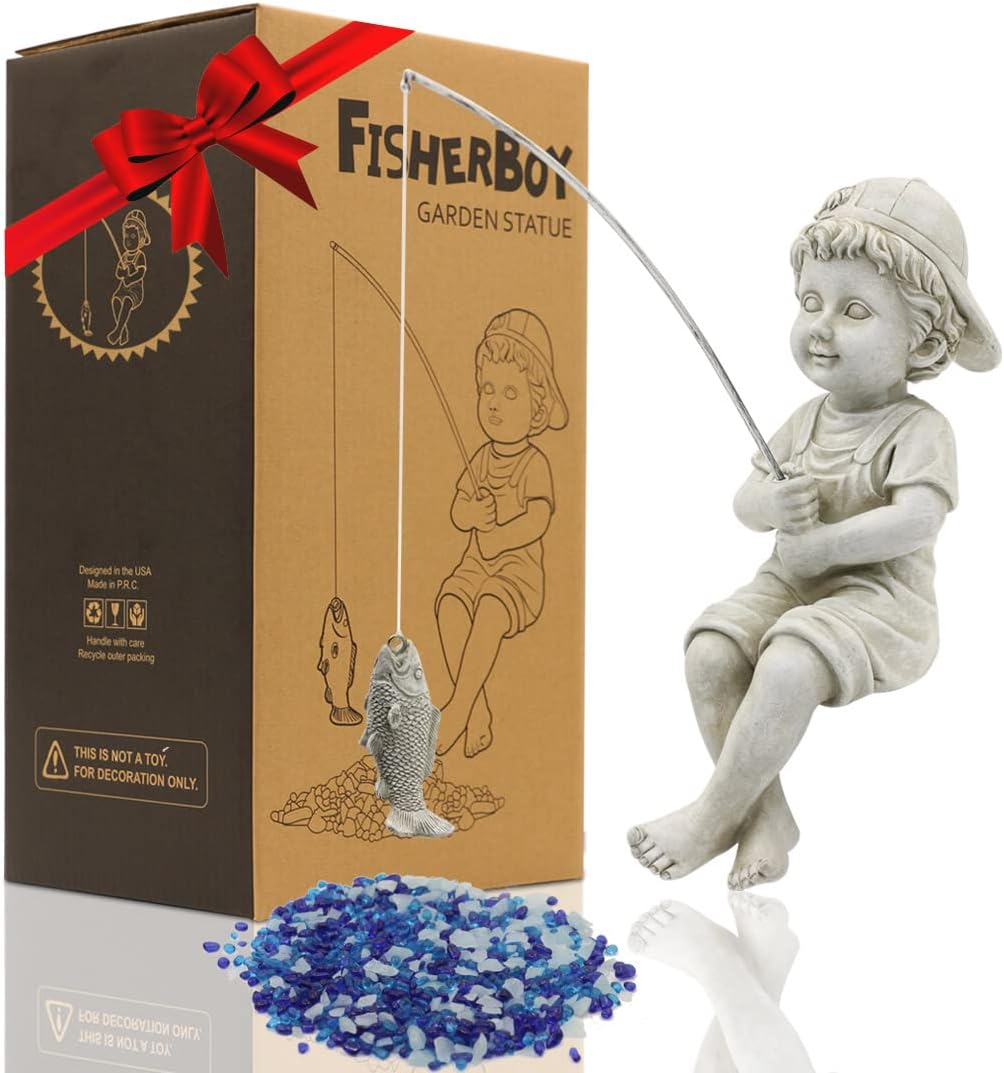 Goodeco Fisherboy Statue Garden Decor - 11" Little Fishing Guy for Koi Pond or Waterfalls, Poolside