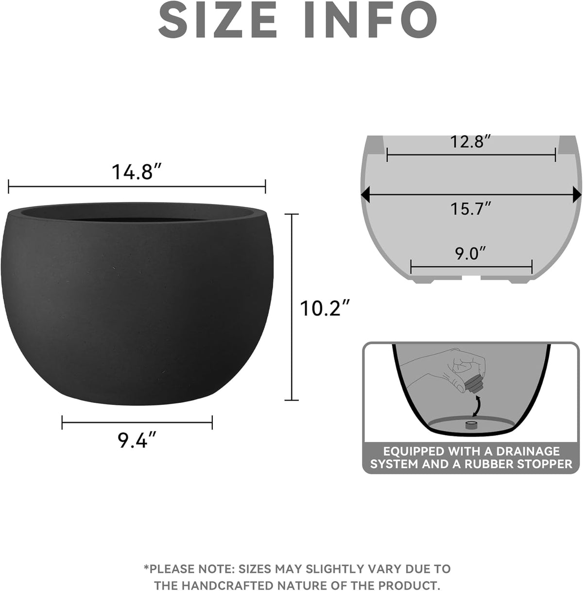 Kante 15.7" Dia Round Concrete Planter, Outdoor/Indoor Large Bowl Plant Pots with Drainage Hole and