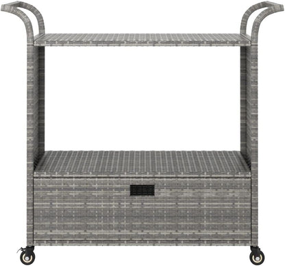 Outdoor Rolling Wicker Bar Cart with Drawer, Portable Bar Cart with Wheels, Patio Kitchen Island