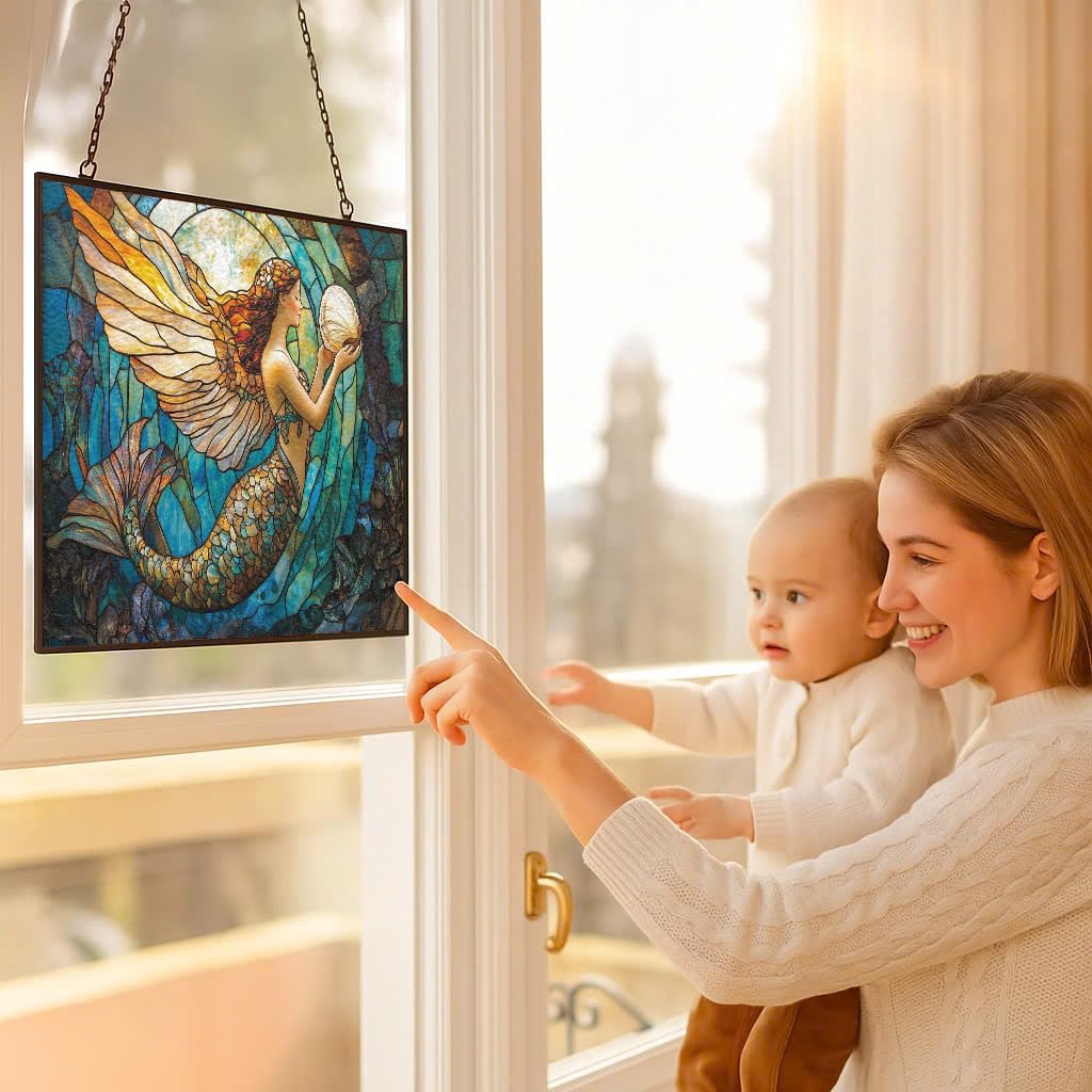 Customized Rectangle Art Nouveau Coral Mermaid Stained Glass Window Hanging, Suncatcher for Women