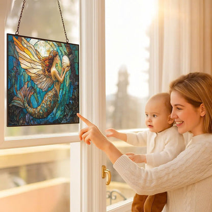 Customized Rectangle Art Nouveau Coral Mermaid Stained Glass Window Hanging, Suncatcher for Women