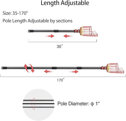 Fruit Picker Pole Tool with Basket Telescoping, Adjustable Apple Picker Pole 35-170 inch Long