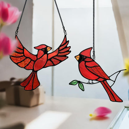 BOXCASA Cardinal Gfits Stained Glass Birds Window Hanging,Cardinal Handmade Ornament Stained Glass