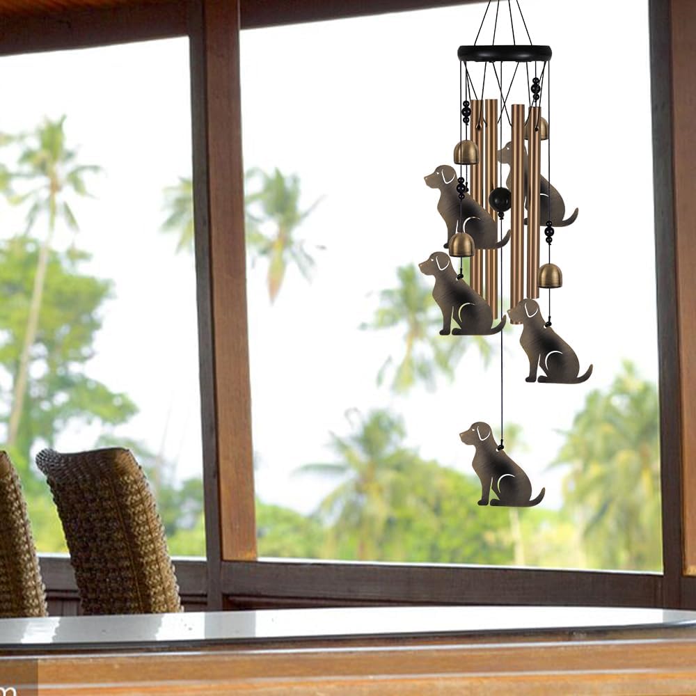 Garden Dog Wind Chimes Outdoor Indoor Decor - with 4 Tubes 4 Bells 5 Dogs Wind Chime, Mobile