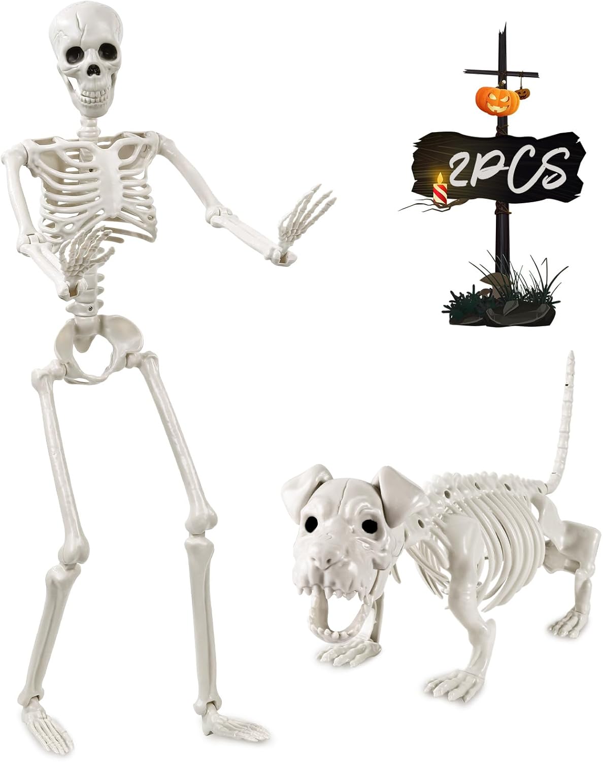 YUJUN 36'' Halloween Skeleton Decoration with Dog Skeleton, 3ft Full Body Posable Skeleton
