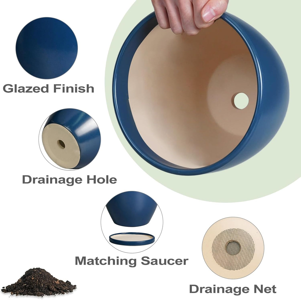 6.8 Inch Plant Pot - Ceramic Planter with Drainage Hole and Saucer, Modern Round Flower Pot