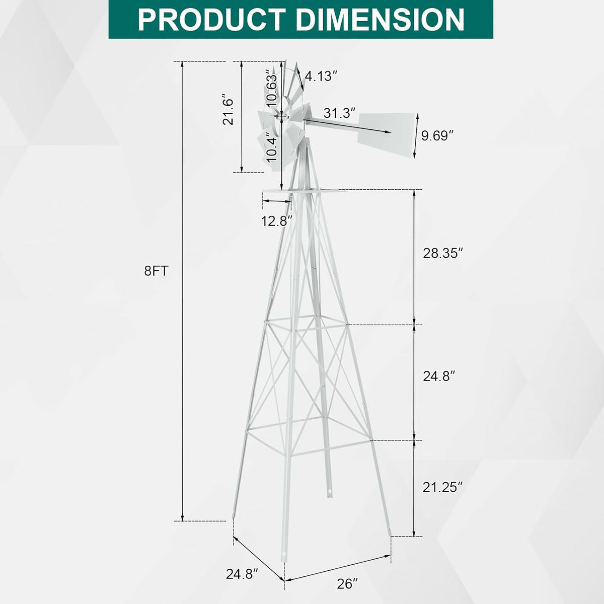 Garden Windmill for Yard Decor, 8 ft Tall Metal Windmill with Spinning Blades, Weather-Resistant