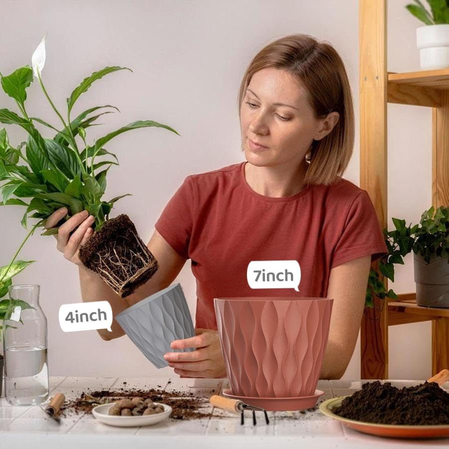 4/4.5/5/5.5/6/6.5/7 Inch Plant Pots,7 Pack Flower Pots with Drainage Holes and Trays,Plastic