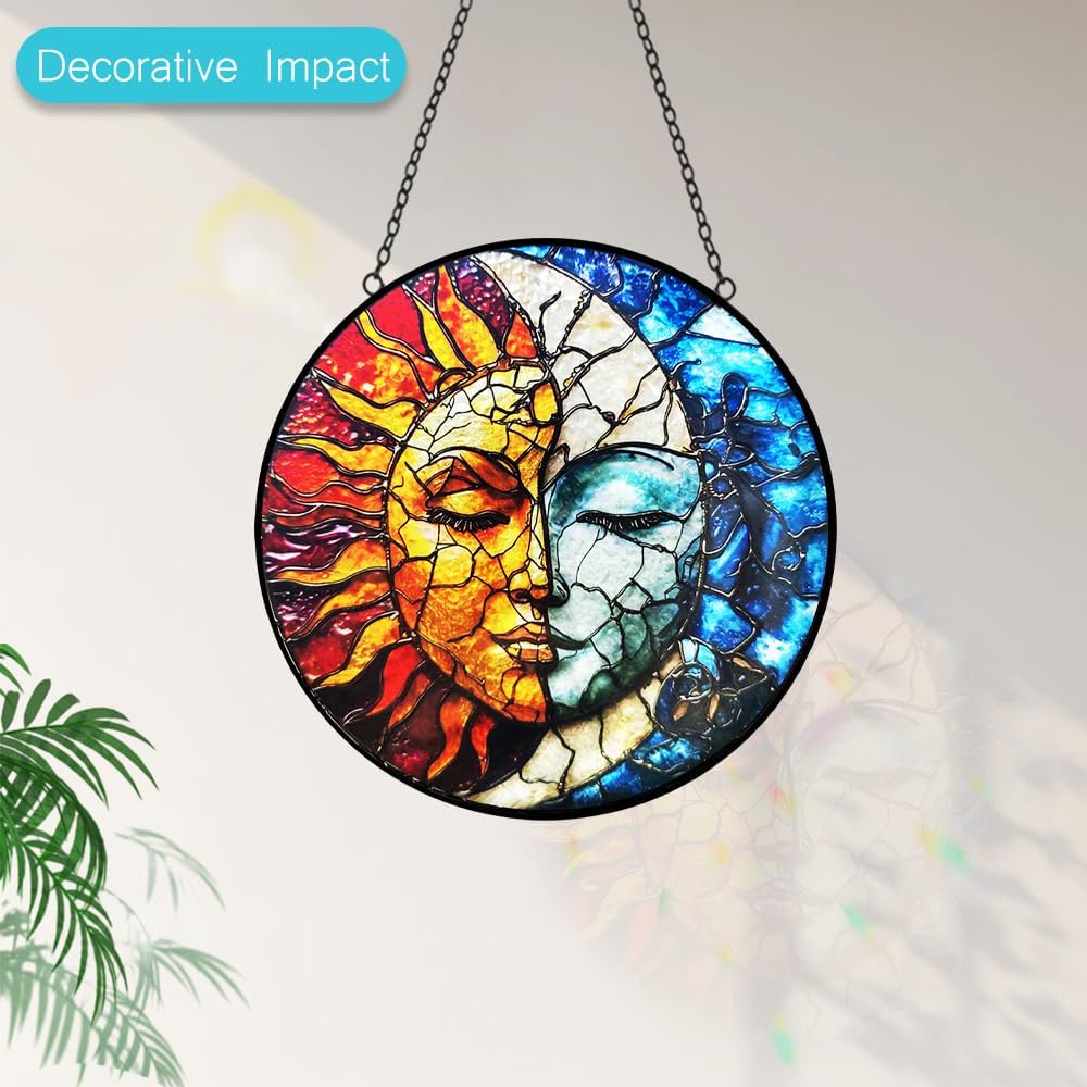 Sun and Moon Suncatcher Stained Glass Window Hanging - 8” Handmade Colorful Suncatchers for Windows
