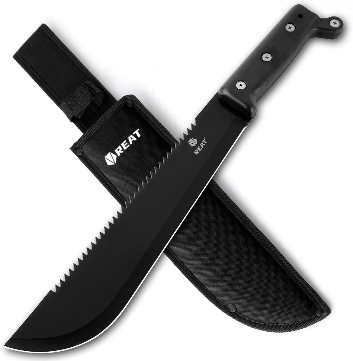 REAT Machete with Saw, 17" Full Tang Fixed Blade Hunting Knife with Sheath, Ergonomic No-Slip