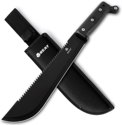 REAT Machete with Saw, 17" Full Tang Fixed Blade Hunting Knife with Sheath, Ergonomic No-Slip