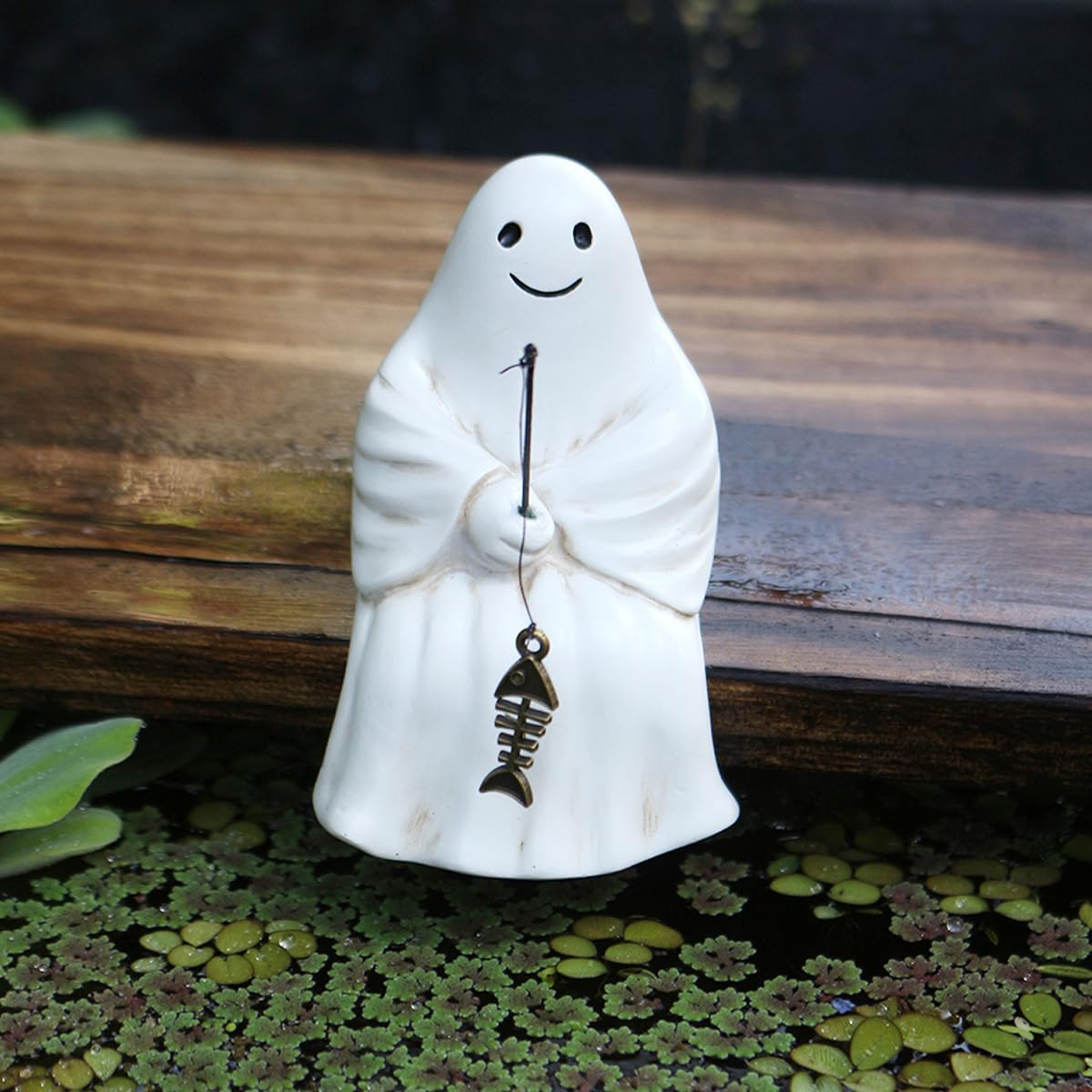 Fishing Ghost Statue Funny Halloween Decorations, 3.35 Inch Cute Sitting Ghost Figurine Shelf