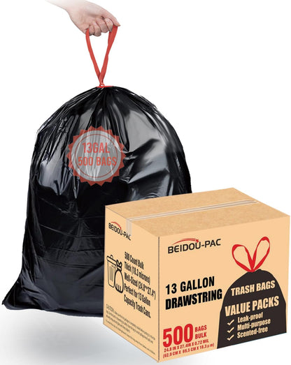13 Gallon Trash Bags Drawstring, 500 Count Bulk Value Pack, Black & Unscented Garbage Bags