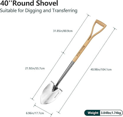 Berry&Bird Round Point Gardening Shovel with Wood D-Handle, 40.98" Stainless Steel Beach & Snow