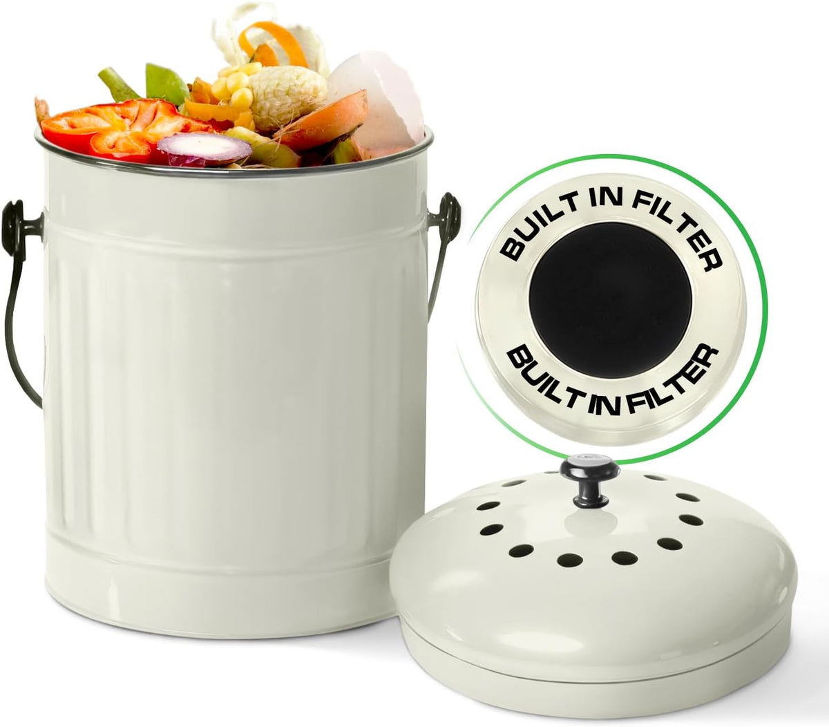 Plexon Countertop Compost Bin Kitchen Indoor with Lid, Off-White 1.5 Gallon Odorless Container