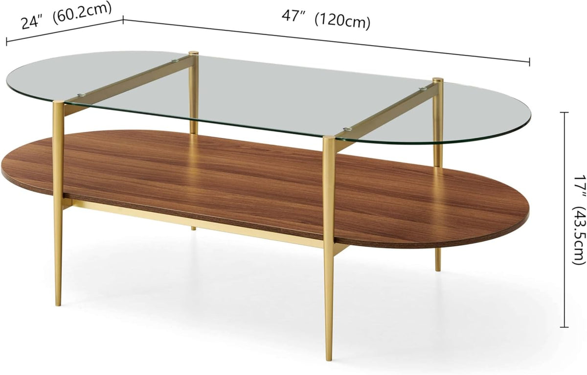 X-Large Oval Glass Coffee Table, Mid-Century Modern Design, L47 x W24 x H17 inch, for Living Room