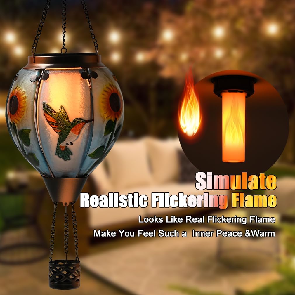 Hot Air Balloon Solar Lantern - Large Hummingbird Glass Lantern, Simulated Flickering & Dancing
