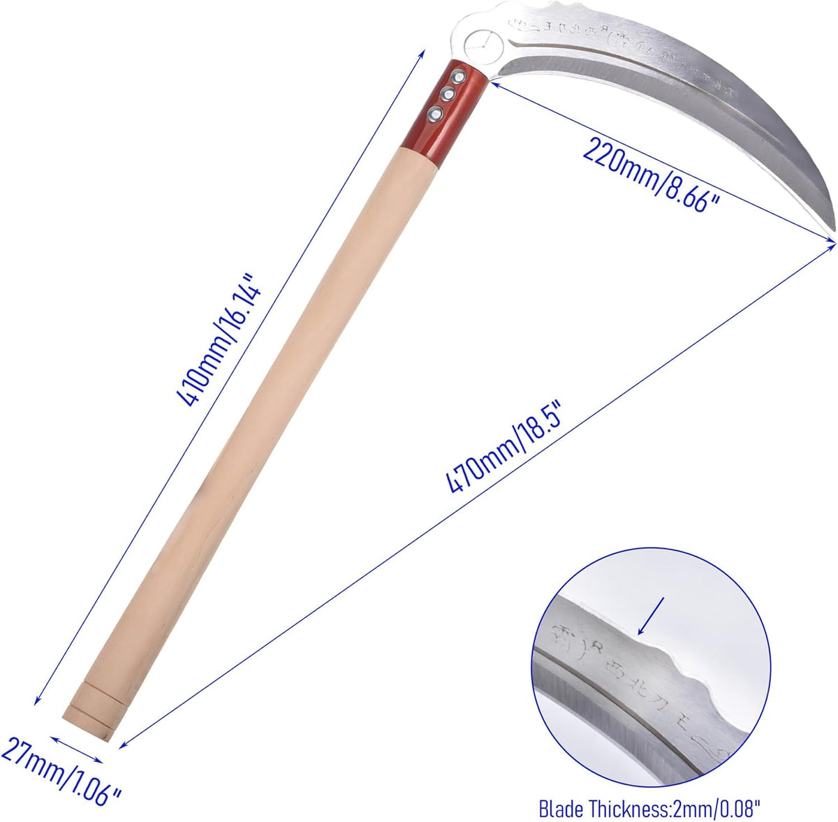 1pce 470mm/18.5in Carbon Steel Billhook Brush Clearing Sickle for Grass,Weeding Tools for