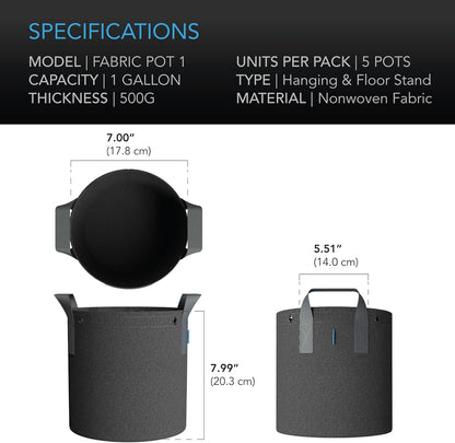 AC Infinity Heavy Duty Fabric Pots, 1 Gallon Aeration Reusable Grow Bags 5-Pack with 500G Thick