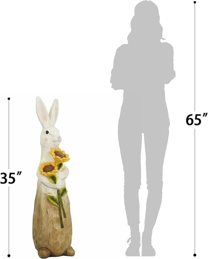 ZOEJADE 35"H Resin Large Rabbit Statue Bunny with Sunflowers Sculpture Outdoor Statues Indoor Decor