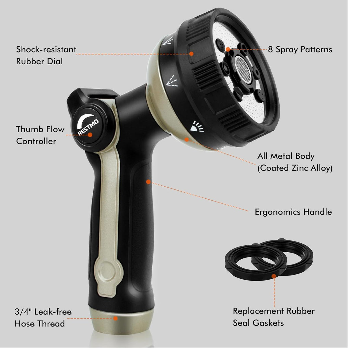 RESTMO Full Shower Hose Nozzle, Metal Spray Nozzle for Garden Hose, 8 Spray Patterns, Water Hose