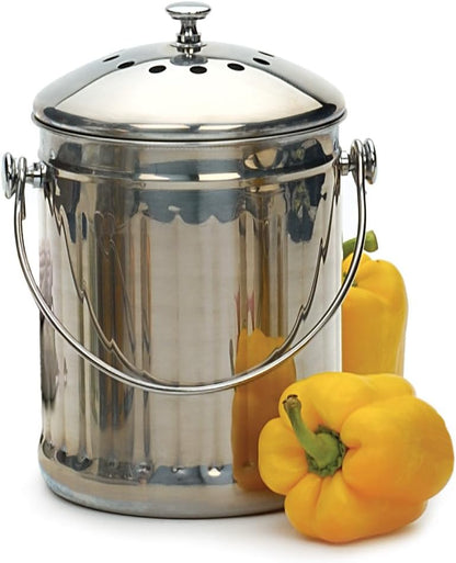 RSVP International Kitchen Collection Compost Pail, Dishwasher Safe, 1 Gallon Capacity, Stainless