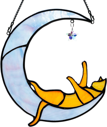 Orange Cat on Moon Stained Glass Suncatchers Star Crystal Decor,Rainbow Stained Glass Window