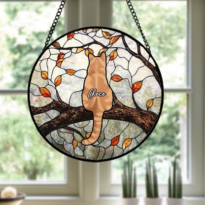 Custom Cat Portrait Stained Glass Window Hanging Light Catcher, Pet Memorial Stained Glass Photo