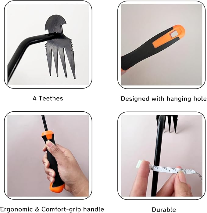 Hand Weeding Tool, Uprooting Weeder Tool Portable Garden Weed Remover with Handle, 4 Teeth