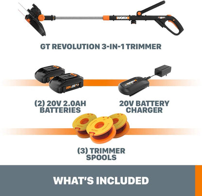Worx String Trimmer/Edger/Lawn Mower 3-in-1 Grass Trimmer GT Revolution 20V 12" (2 Batteries &