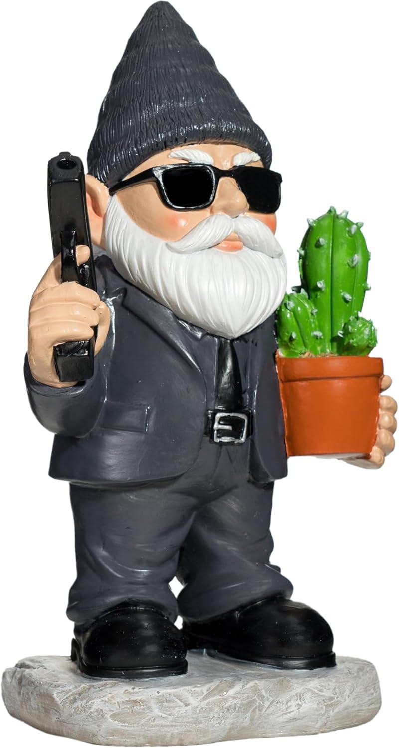Gnome Decoration for Garden & Home - Professional Hitman Look Statue, Léon Inspired 8.7 Inch Resin