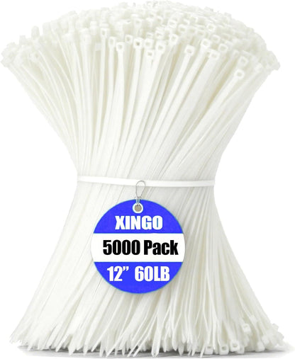 XINGO 5000 PCS White Zip Ties 12 Inch, 60 LBS Tensile Strength, Self-Locking Nylon Plastic Nylon
